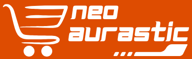 White shopping cart icon and 'neo aurastic' text on an orange background